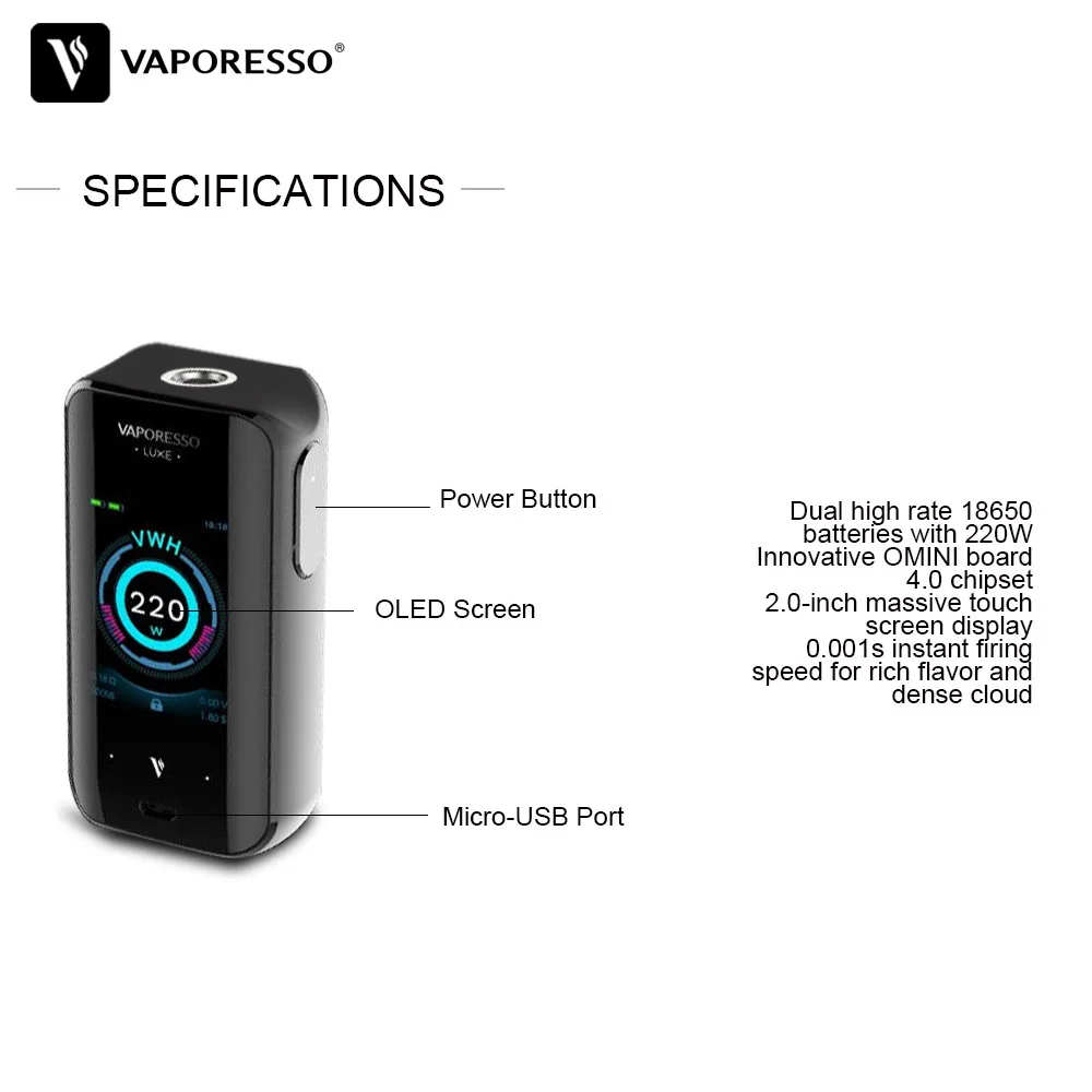 Vaporesso Luxe Mod 220W Vape электронная сигарета подходит для SKRR Tank TC Box 510 thread Atomizer с 2