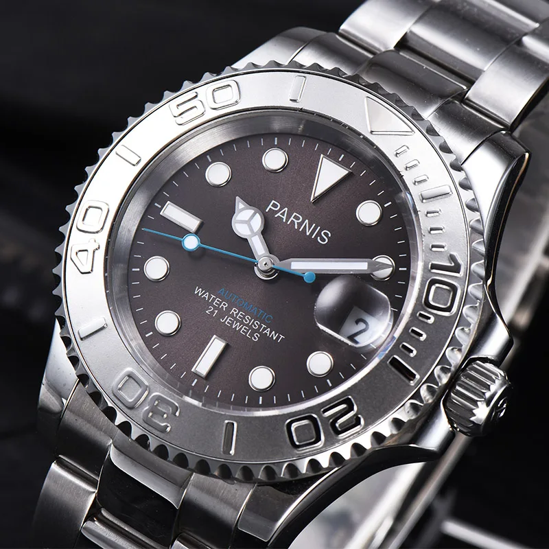 Мужские механические часы с календарем PARNIS Серебристые 40 мм браслетом из