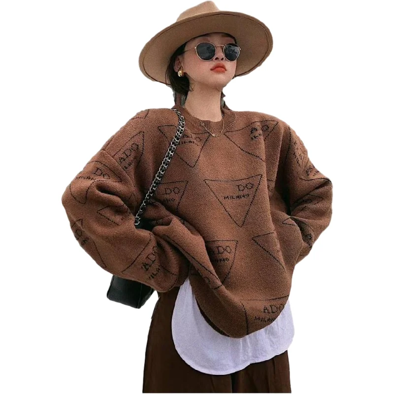 

European winter ladies fashion sets new round collar embroidery loose long-sleeved letters show thin sweater