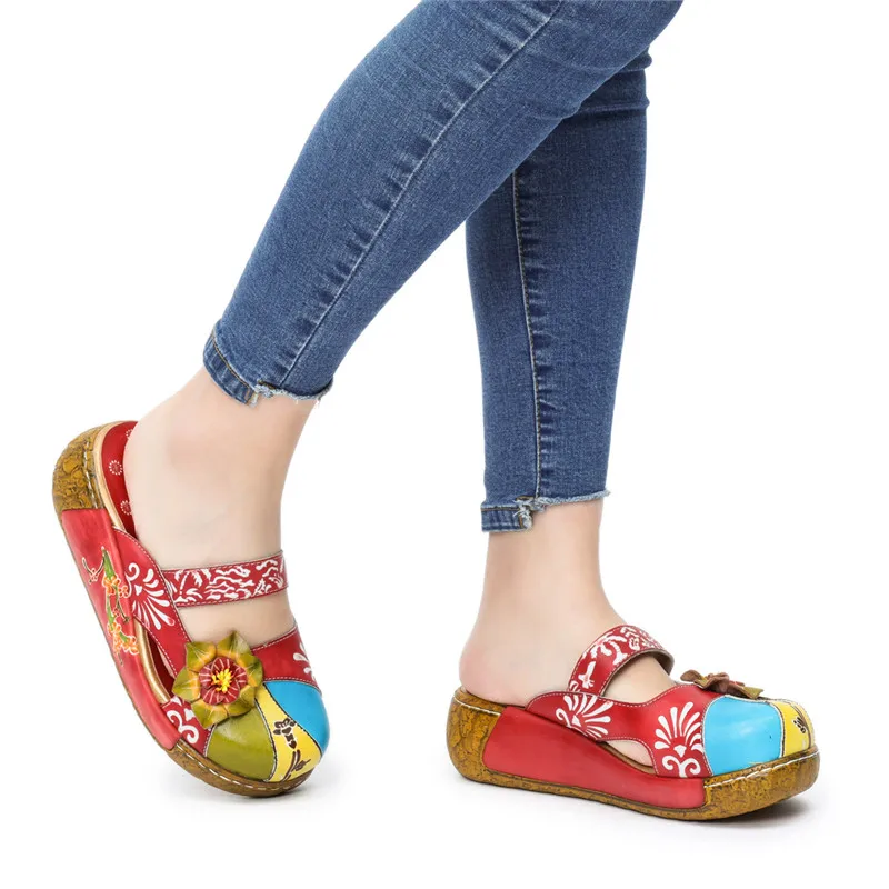 

SOCOFY Vintage Colorful Leather Hollow Out Backless Flower Shoes Fisherman's Sandals, Mule Sandals Flat Flower Slip-On Shoes