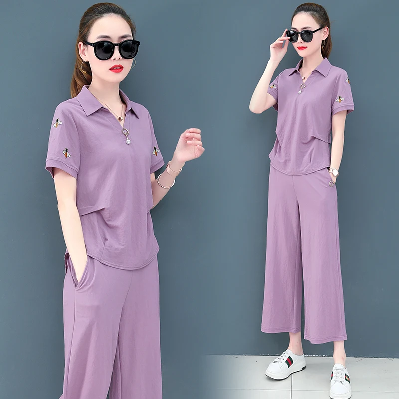 

2021 Summer Tracksuits Two Piece Sets Wide Leg Pants Suits for Women Cotton Linen short Sleeve Two Piece Set bees Women Outfits