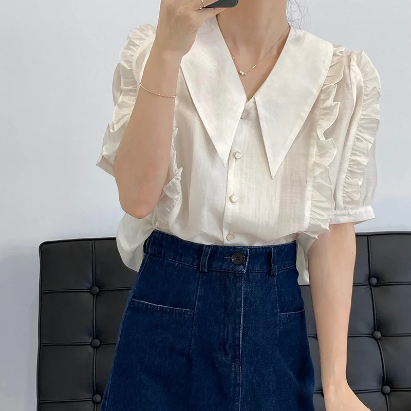 

Ruffle Stitching Bubble Sleeve Baby Collar Shirts Women 2021 Summer Korean Style Blouse
