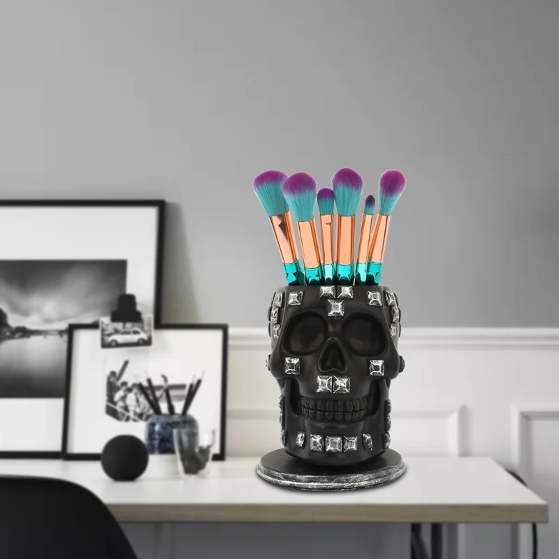

Sequins Skull Ornament Skeleton Pen Holder Home Office Desktop Pencil Organizer Stationery Makeup Tools Storage Halloween Decor