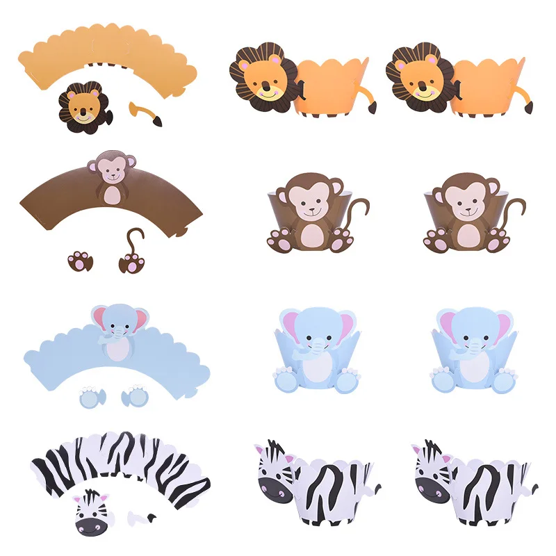 12 шт. обертки для кексов с изображениями мультяшных животных белки, динозавра и обезьяны - украшение для упаковки кексов на детских праздниках, включая детские душы и дни рождения.