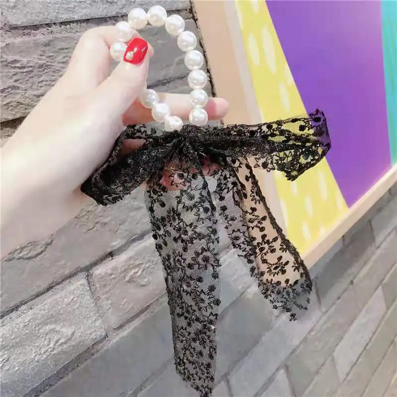 

5PCS Sweet Super Fairy Ribbon Bow Tie Pearl Head Rope Female Simple Temperament Elegant Hair Rope