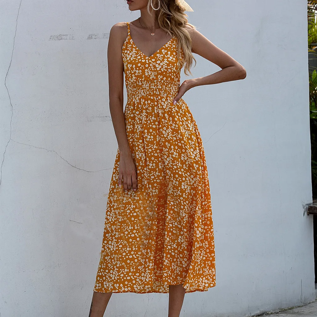 

Women Ladies Loose Floral Print Suspender Dress V-neck Sleeveless Mid Calf Woman Dress Jurken Zomer 2021 Vestido De Mujer