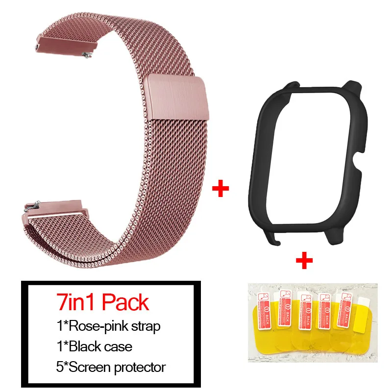 rose pink-black 7в1 умные часы аксессуары для Huami Amazfit GTS ремешок из нержавеющей стали магнитный браслет для Amazfit gts чехол Защитная пленка - Цвет: rose pink-black