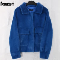 nerazzurri spring purple blue short light soft faux fur coat women long sleeve pockets fall korean fashion 2021 furry jacket