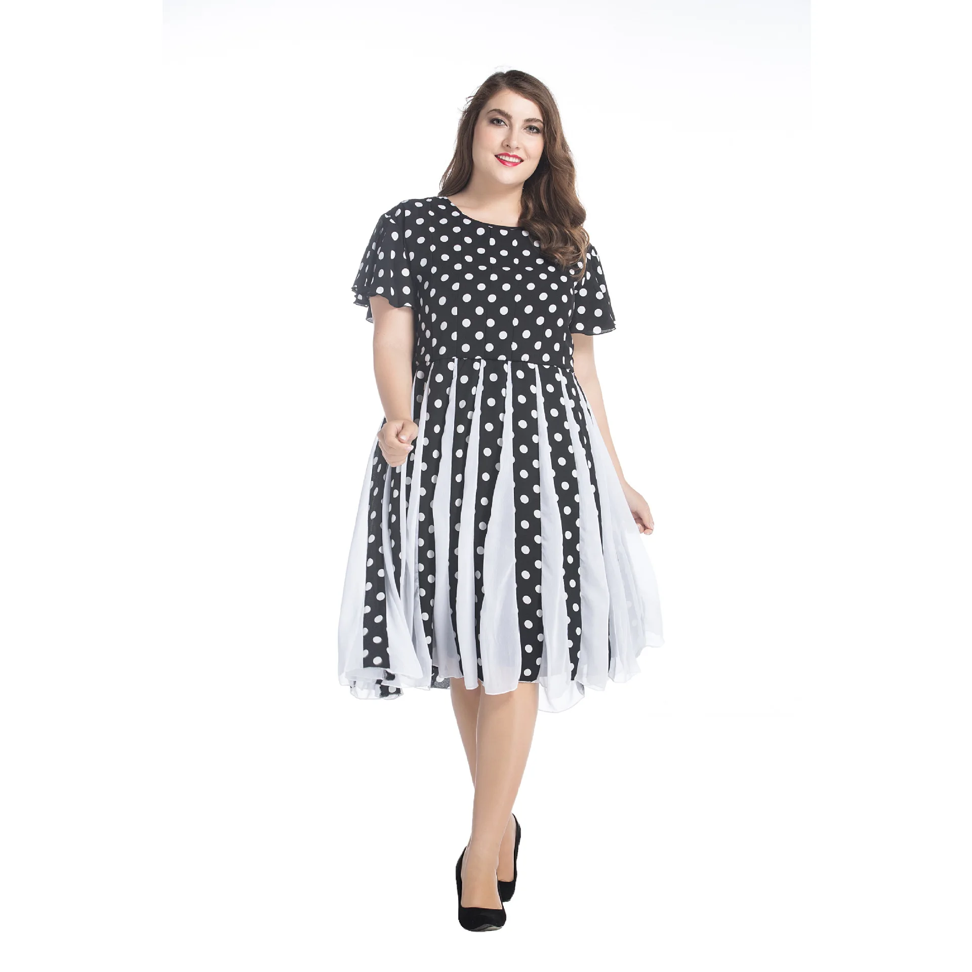 

WEPBEL Chiffon Panel Short-Sleeved Women Polka Dot Evening Dress High Waist Knee Length Dress Summer Plus Size