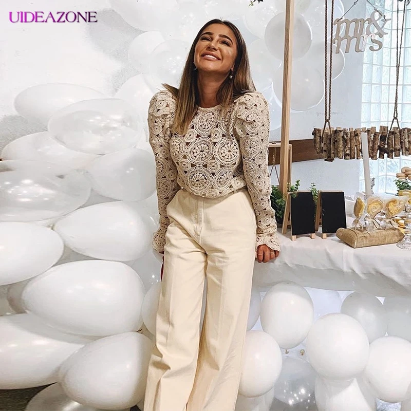 Женские Ажурные кружевные топы белого цвета длинные рукава с цветочной вышивкой