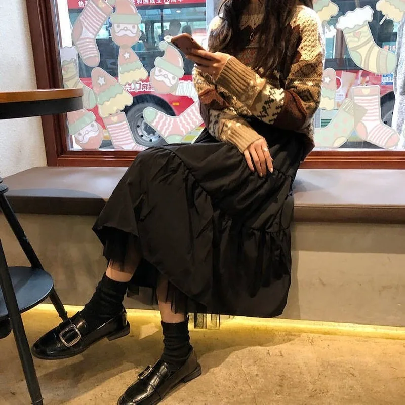 

Women Skirts Summer Solid Elegant Mid-calf Fashion Sweet All-match Mesh A-line Harajuku Korean Style Students White Pleated Ins