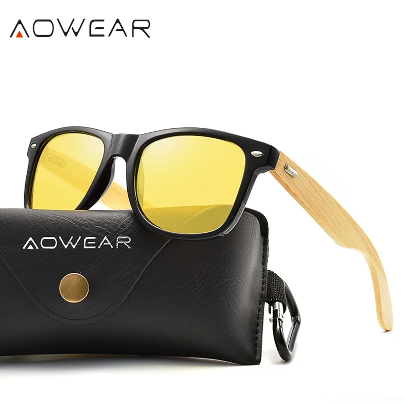 AOWEAR бамбуковые Квадратные Солнцезащитные очки для женщин поляризованные очки ночного видения желтые очки Женские Модные Винтажные Солнцезащитные очки Gafas De Sol