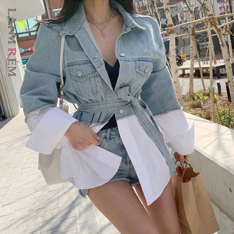 LANMREM 2021 новая Корейская Осенняя и джинсовая рубашка в стиле пэчворк однобортная