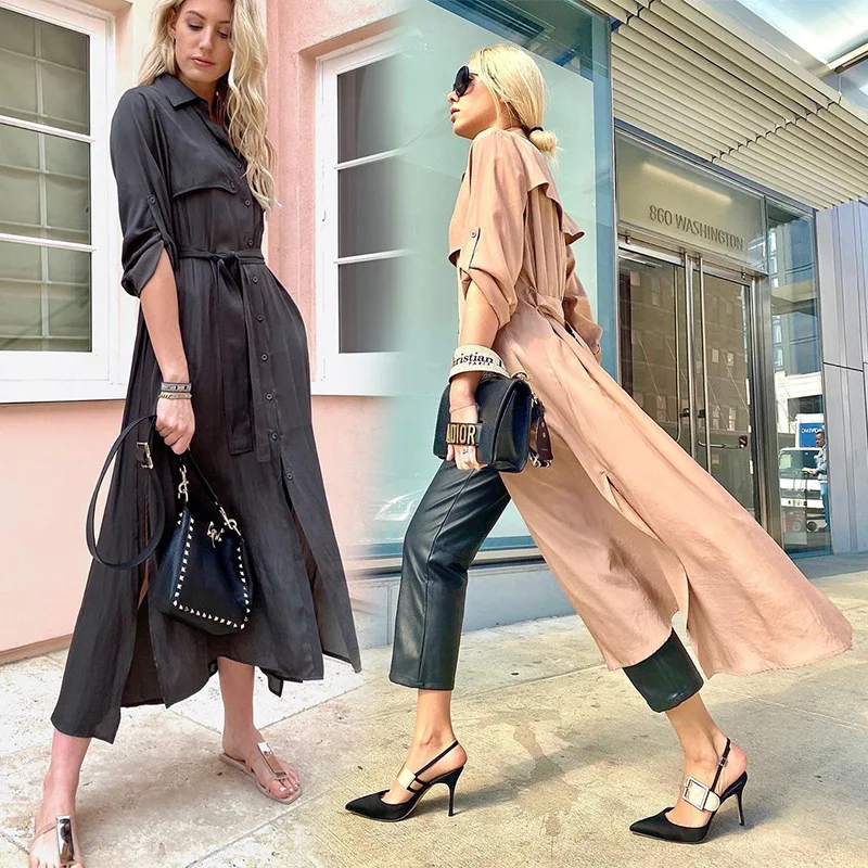 

2020 Women Vintage Dress New Loose Slit Cotton And Linen Shirt Dress Long Dress Turn Down Collar Casual Shirt Dresses Robe