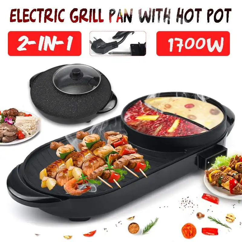 

2in1 Portable Electric Grill Hot Pot Oven 5 Temperature Adjustments Home BBQ Smokeless Grill Chafing Dish Non-Stick Pan