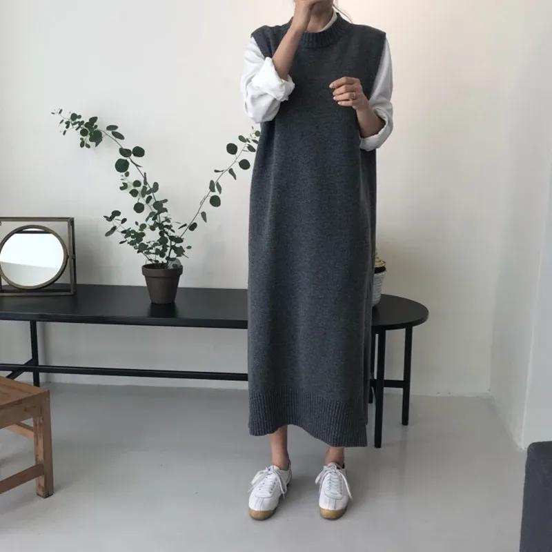 

2 colors side split women autumn winter long vest sweater dress loose warm sleeveless vest lady dresses femme vestido (N0052