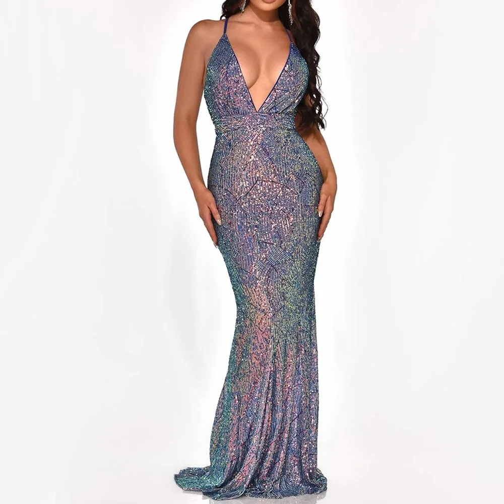 Голубое блестящее длинное платье русалки сексуальное женское вечернее с v