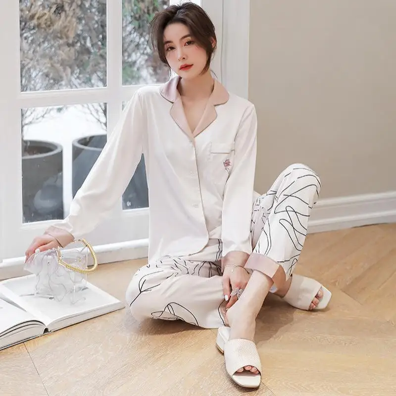 

Lapel Print Flower Nightwear Femme Pajamas Set Summer Sexy Sleepwear Pyjamas Satin Button-down Lingerie Loose Home Clothes