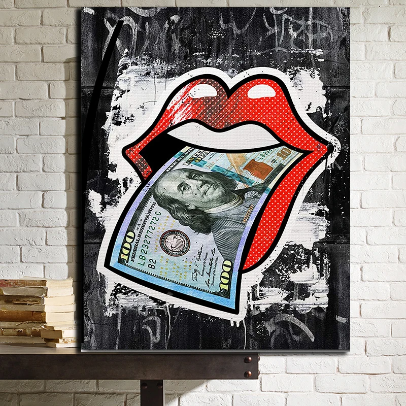 Картина маслом с изображением красных губ долларов на холсте без рамы Настенная