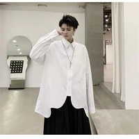 mens long sleeve casual shirt with irregular hem and circular arc japanese street style black and white couple hip hop shirt