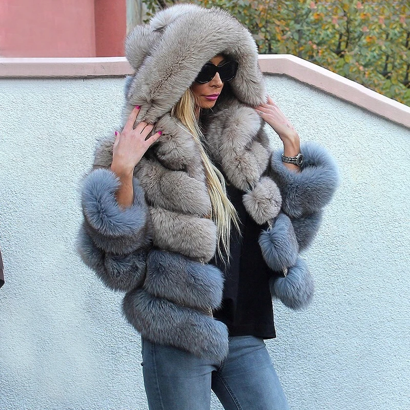 2022 Fashion Women Real Blue Fox Fur Jacket With Hood Genuine Natural Fox Fur Coat For Woman Luxury Overcoat Winter Fur Coats enlarge