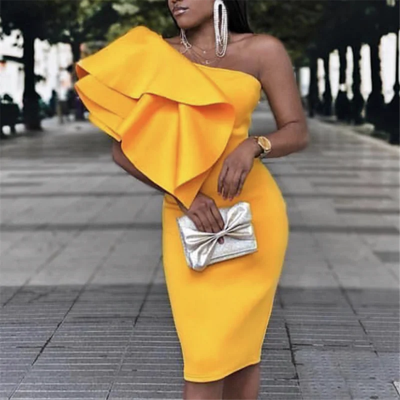 Для женщин Желтый Вечерние платье на одно плечо оборка пикантные обеденном