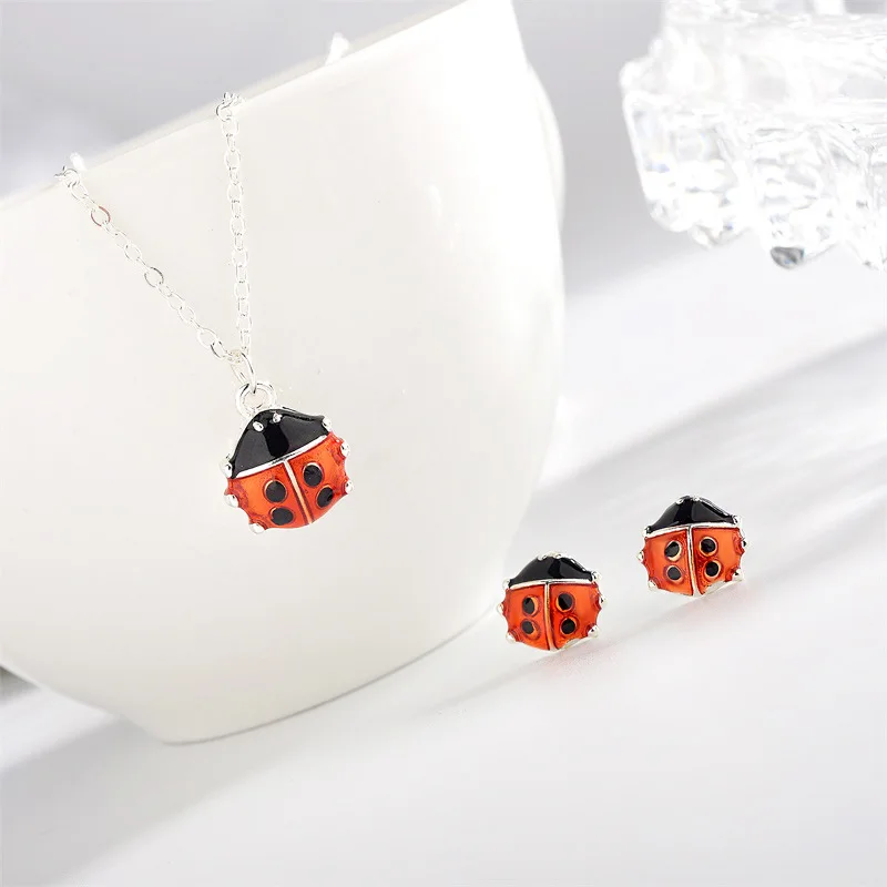 Модный милый красный Coccinella Septempunctata ожерелье с насекомыми и серьги ювелирный