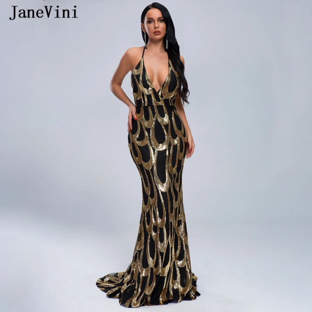 JaneVini Сексуальная Спагетти ремень блестками Русалка Вечерние платья Холтер без
