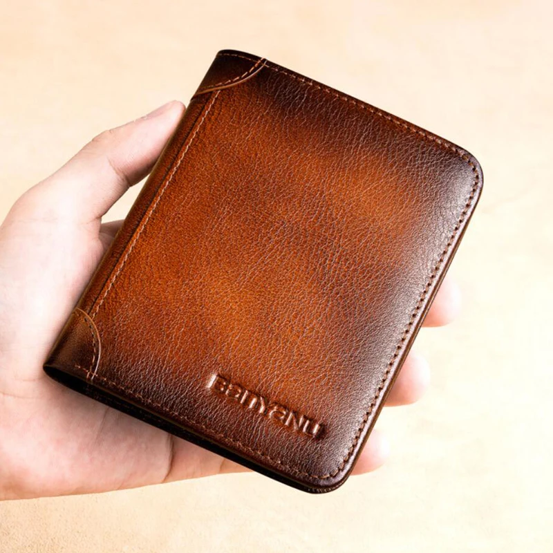 

Wallet Male Genuine Leather Men Wallets Brown Purse Slim Short Wallet Men's Vintage Cow Leather Casual Credit Card Holders 2021