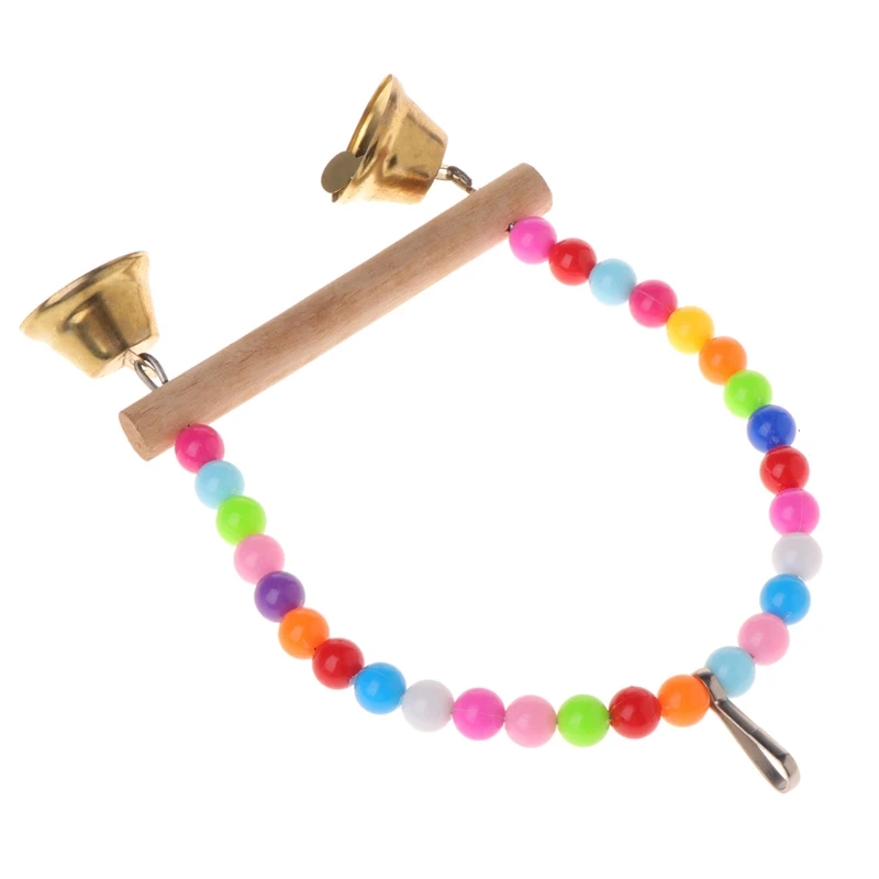 

Natural Wooden Birds Perch Parrots Hanging Swing Cage With Colorful Beads Bells