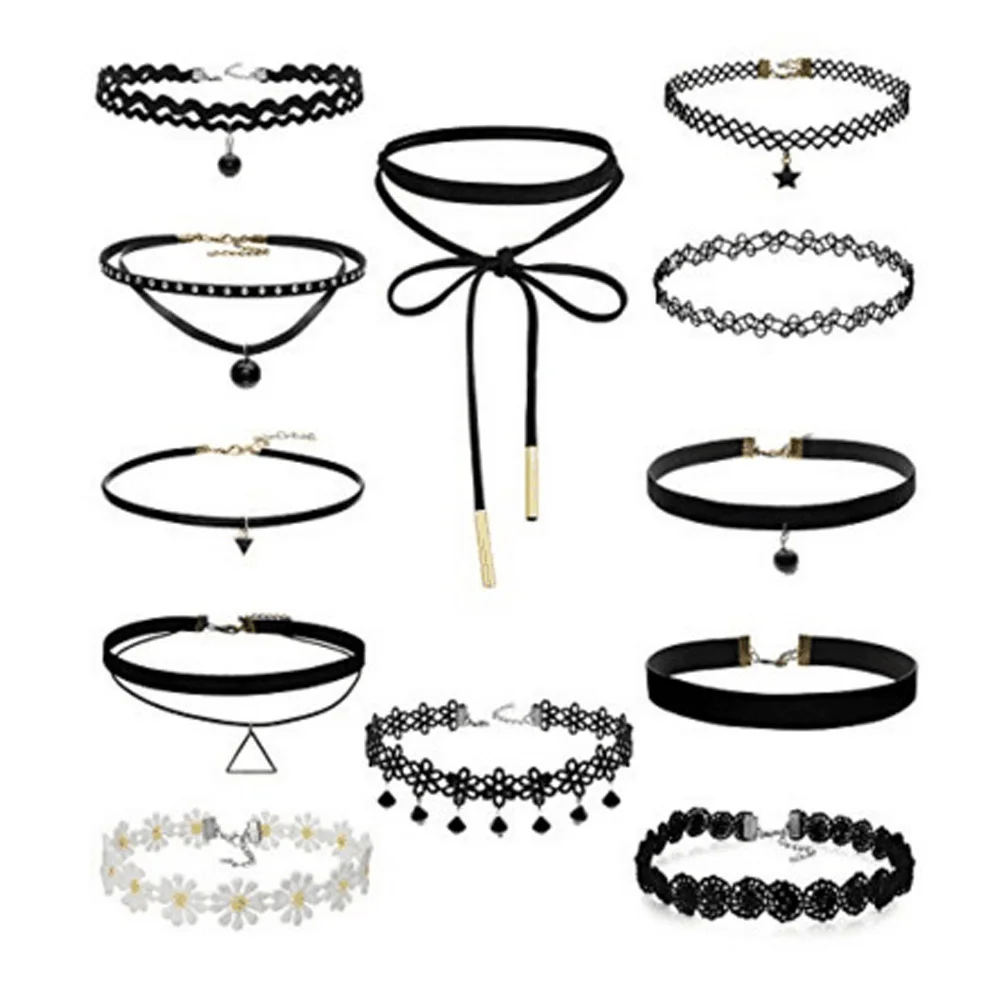 Набор ожерелий-чокеров 4-22 шт./компл. ожерелья с черными кожаными и бархатными