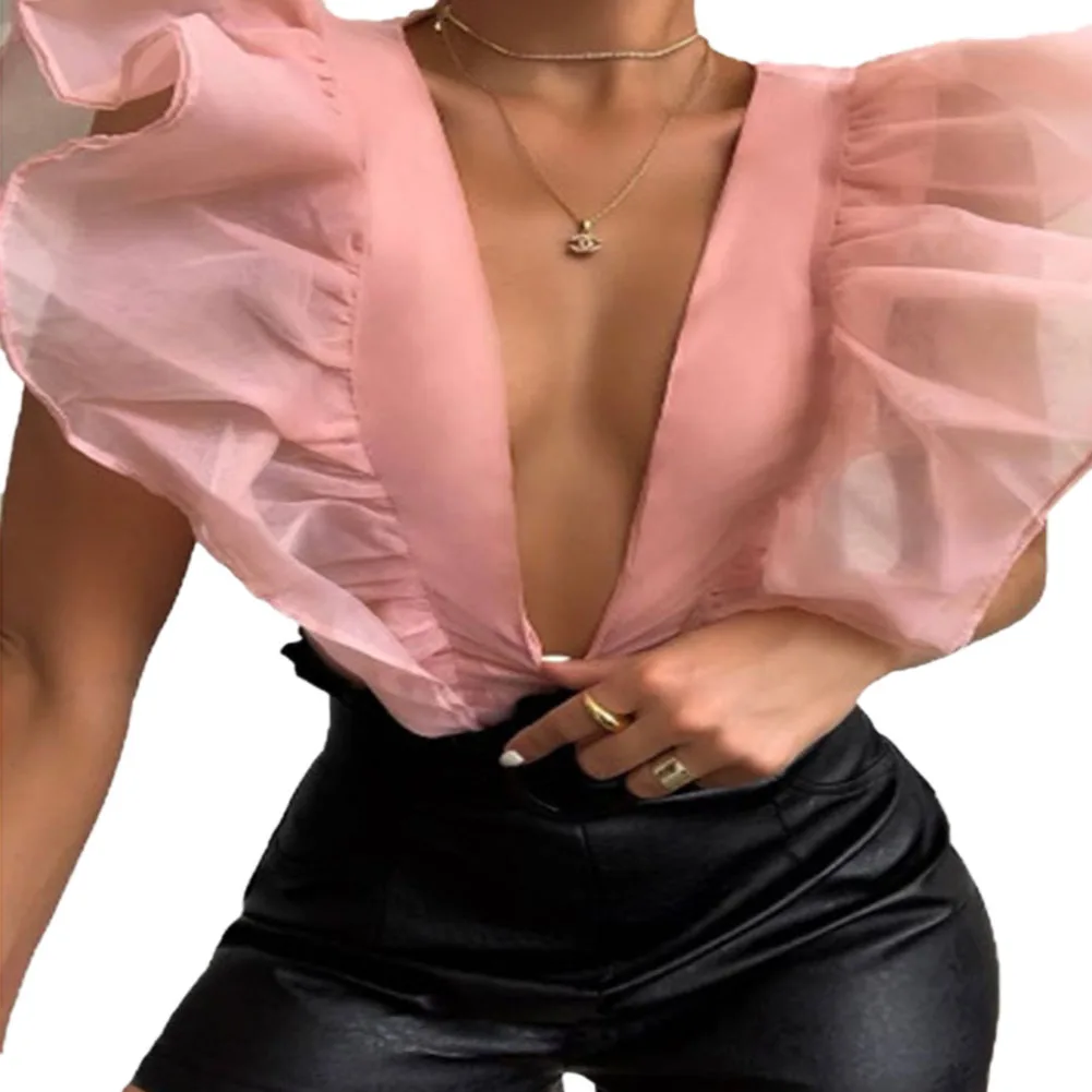 

Women Sexy Sleeveless Tops Deep V-Neck Mesh Sheer Summer Blouse See-through Ruffles Transparent Pink Shirts Tops Daily Wear