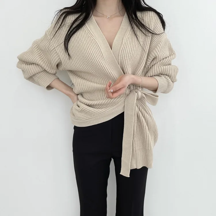 

New Autumn Bandage Design Knitted Cardigan Women Vintage V-neck Long Sleeve Sweater Casual All Match Cardigans Korean Tops