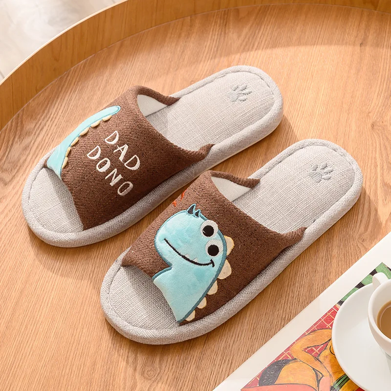 

2021 new spring and autumn flax slippers feminine four seasons household soft sole slippers cartoon parent-child slippers