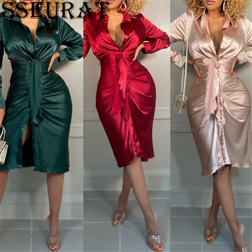 

SSEURAT Autumn Ladies Long-sleeved V-neck Button Dress Women Sexy Pleated Midi Bandage Dresses