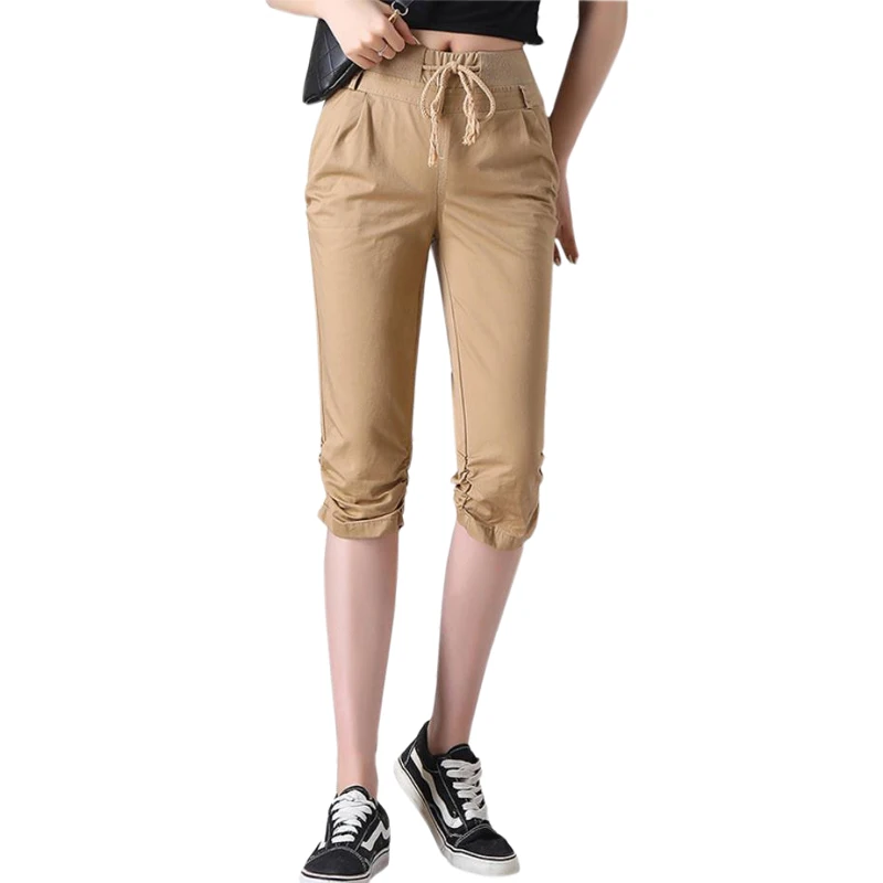 Женские хлопковые свободные брюки укороченные Капри с эластичной резинкой на