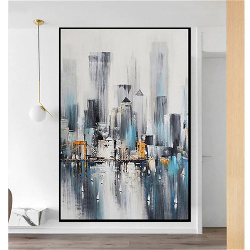 

Hand-painted oil painting modern home decor painting abstract city landscape blue hazy canvas painting home living room wall art