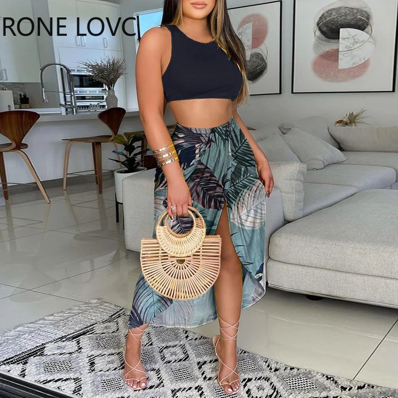 

Women Plain Crop Top & Slit Tropical Print Solid Skirt Set Women Summer Outfits 2021