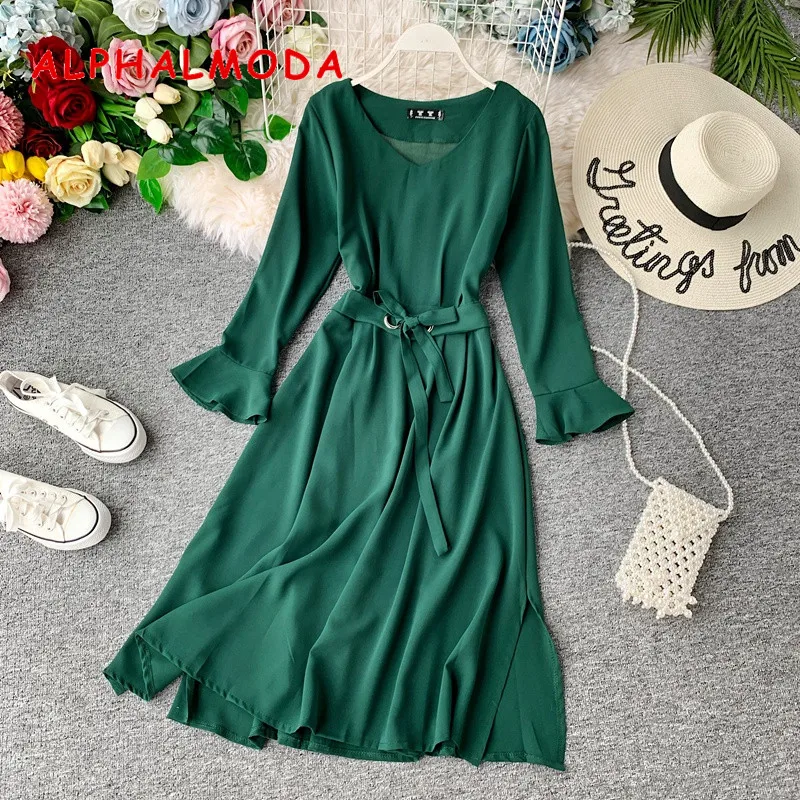 ALPHALMODA A-line Long-sleeved Autumn Dress New Women Side-slit Belted Sashes Tie Solid Casual Chiffon | Женская одежда