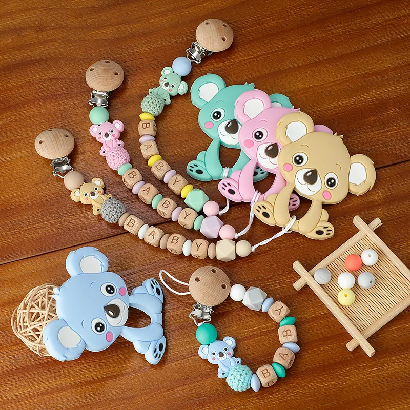 

Baby Teether Bracelet Food Grade Silicone Chews Nurse Gift Toys Koala Teething Necklace pacifier clip with name DIY BABY custom