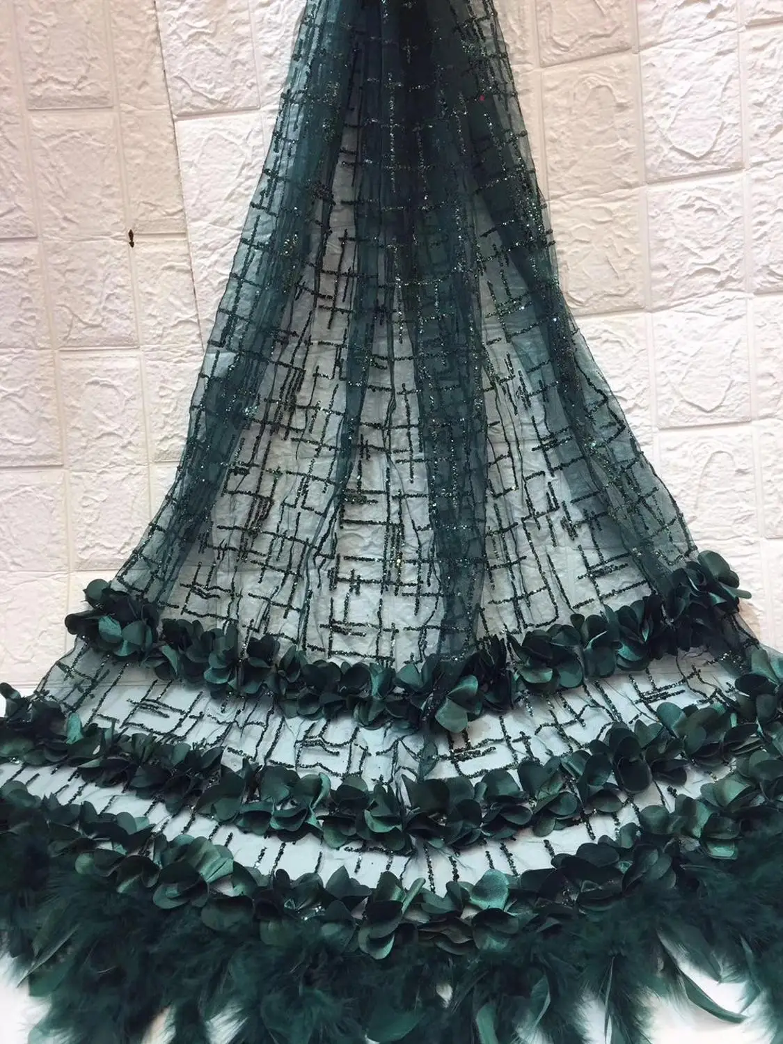 

5yards african net tulle lace fabric good quality african feathers and flowers design beautiful french lace for dress ZXDE105