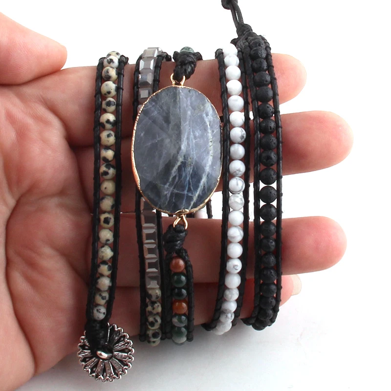 Модный женский браслет из бисера ручной работы смешанные Черные Серые Камни