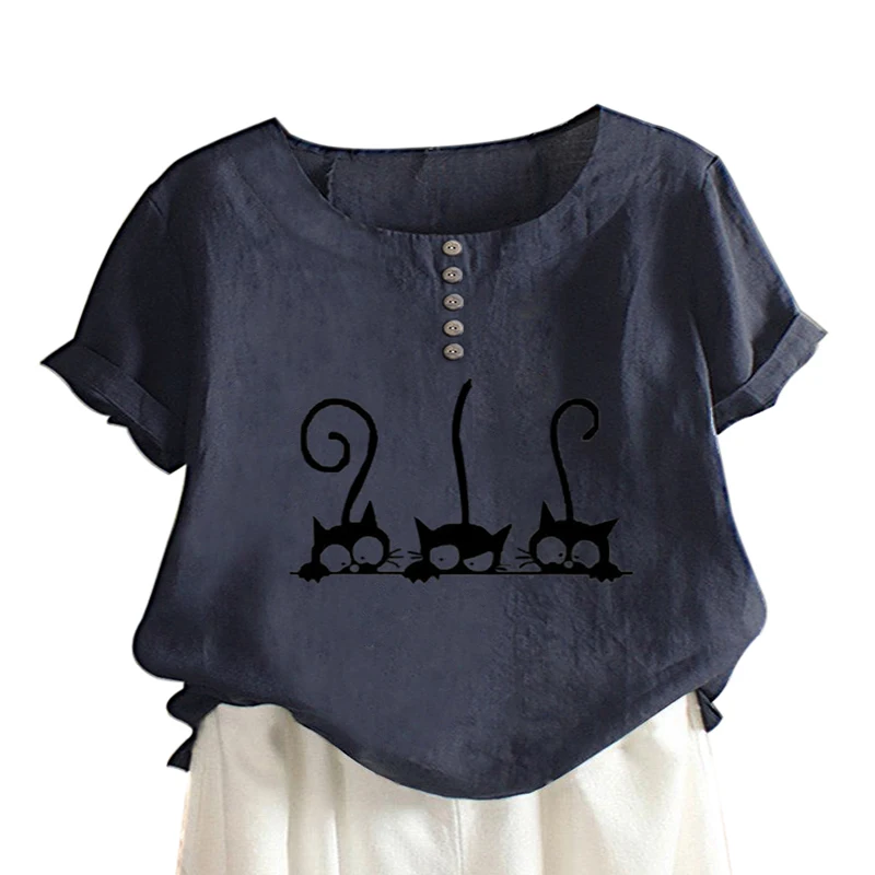 Blusa holgada informal con estampado de gato para verano, Camisa lisa de manga corta con cuello redondo para mujer, color blanco, Túnica de talla grande