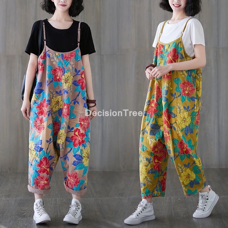 

2022 women floral print jeans pants straps washed romper pockets overalls loose sleeveless denim jumpsuit pantalon palazzo