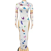 butterfly pattern printing high split fork dress ankle length party sexy club costume for women theatrical costume performance