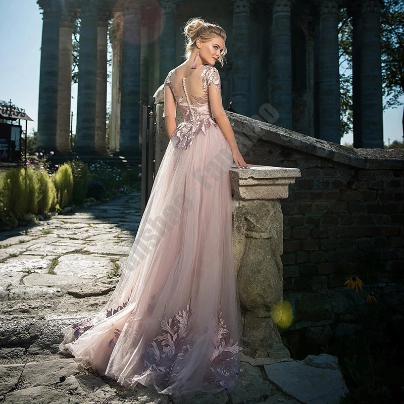 Formal Pink Graduaton Dresses A-Line Illusion O Neck Half Sleeve Stunning Vestido Gown Appliques Tulle Charming Robe De Soiree |