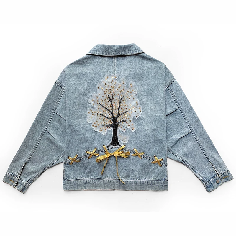 

Fashionable Spring New Embroidery Flowers Loose Thin Skinny Wild Lace Jacket Denim Jacket