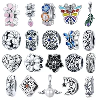 bisaer 100 925 sterling silver flower charms bloosm butterfly beads fit original bracelet for women diy jewelry making ecc1323