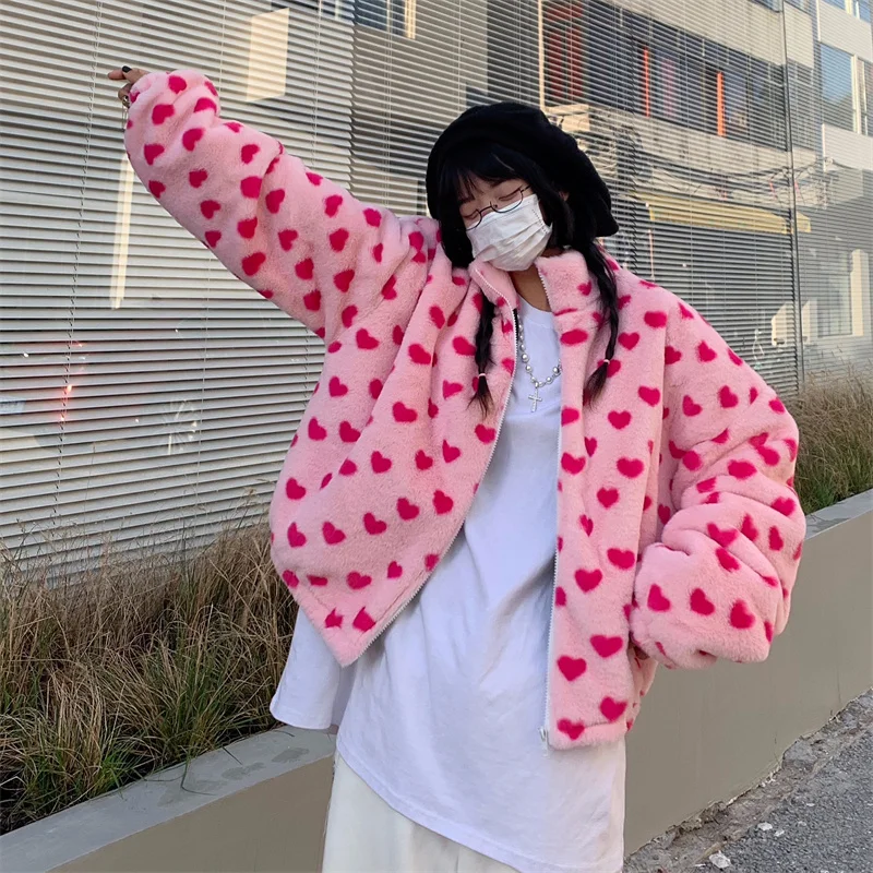 

Winter Keep Warm Zipper Jacket Thicken Coats Vintage Heart-shaped Printing Harajuku Full Sleeve Plush Pink Outerweat For Women