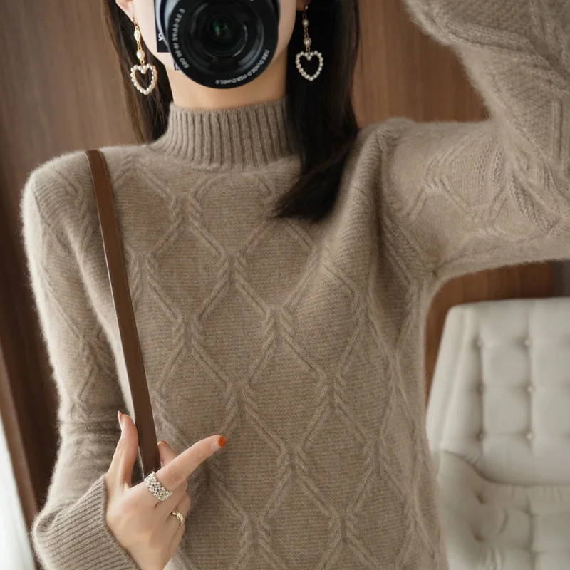Women's sweater 2021 half high neck 100% wool sweater casual padded pullover long sleeve oversized solid color cashmere tops hot